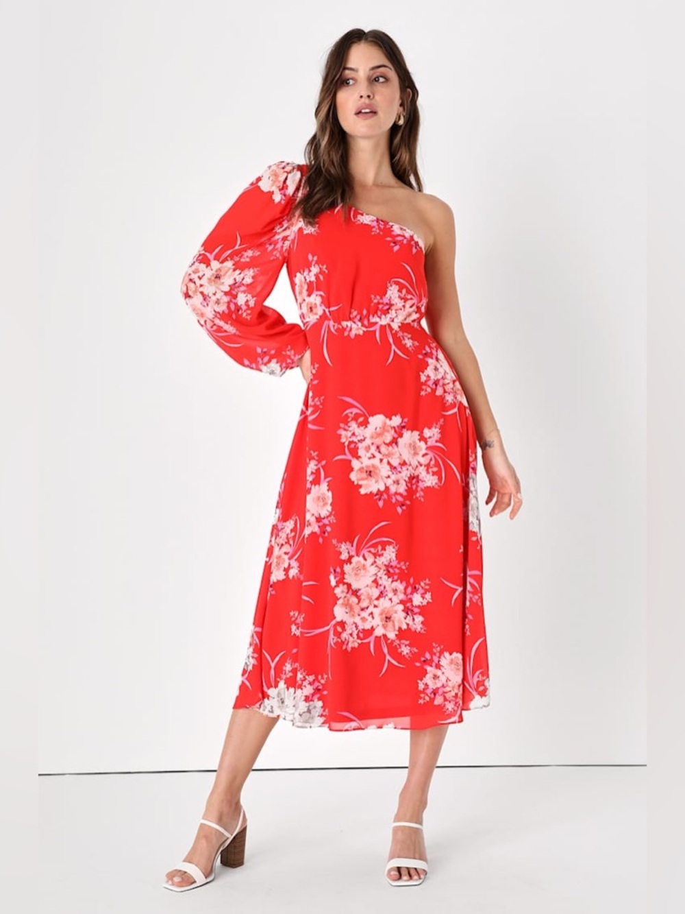 NEW Lulus Brunch Besties Red Floral One Shoulder Midi Graduation Wedding Dress